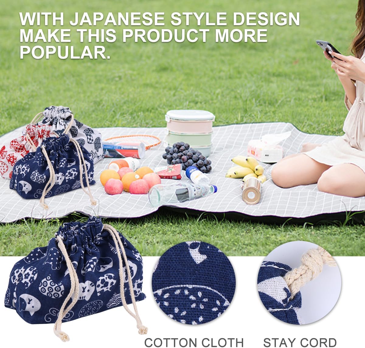 TOYANDONA Blue Cotton and Line Lunch Bag