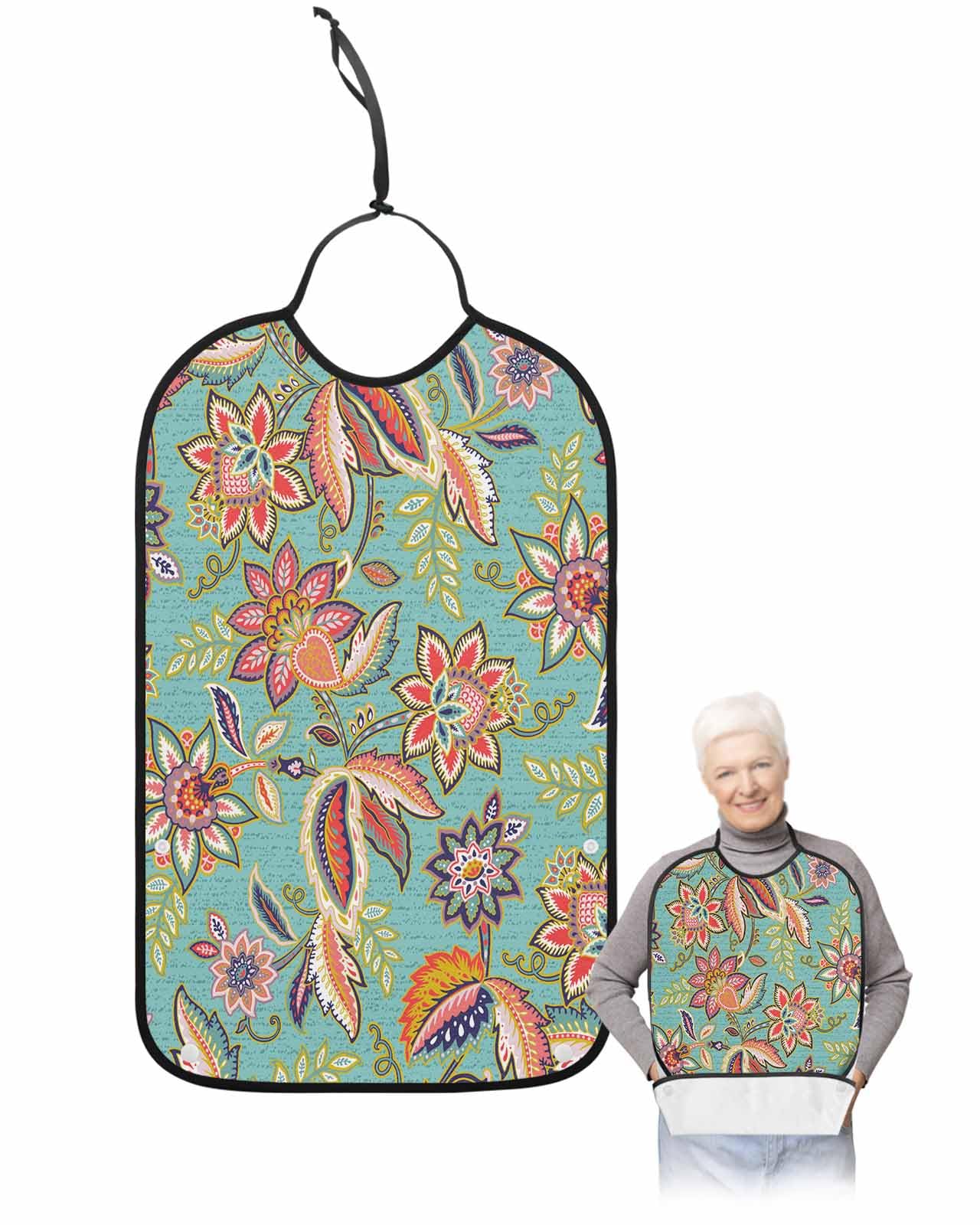 LEOKOTI Vintage Colorful Floral Adult Bibs for Eating, Waterproof Bibs with Food Catcher & Snap Closure, Ethnic Boho Retro Flowers Art Teal Washable Clothing Protectors Adult Bibs for Elderly