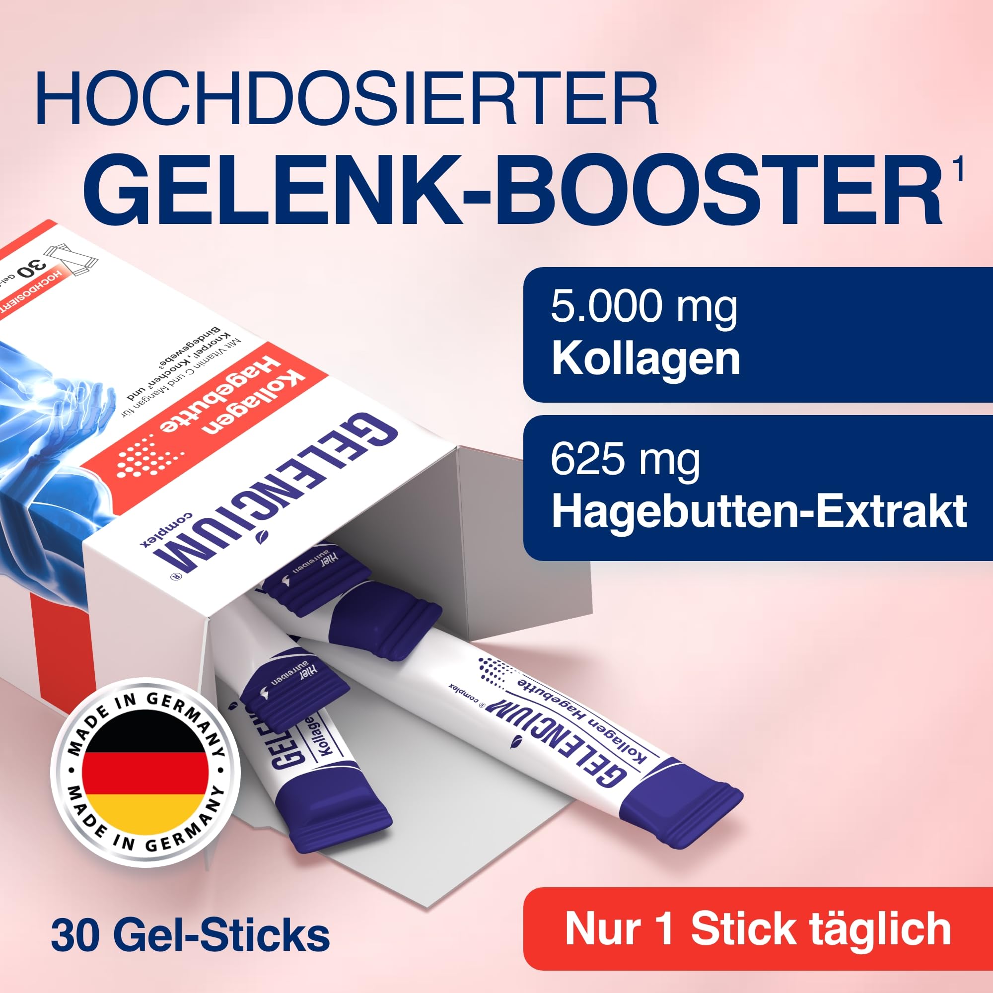 Gelencium Kollagen Hagebutte mit Vitamin C – 5.000 mg Kollagen – 30 Sticks | 5.000 mg TENDOFORTE Kollagen · Mit Vitamin C für die Kollagenbildung · Trinkgel ohne Zuckerzusatz · 30 Sticks