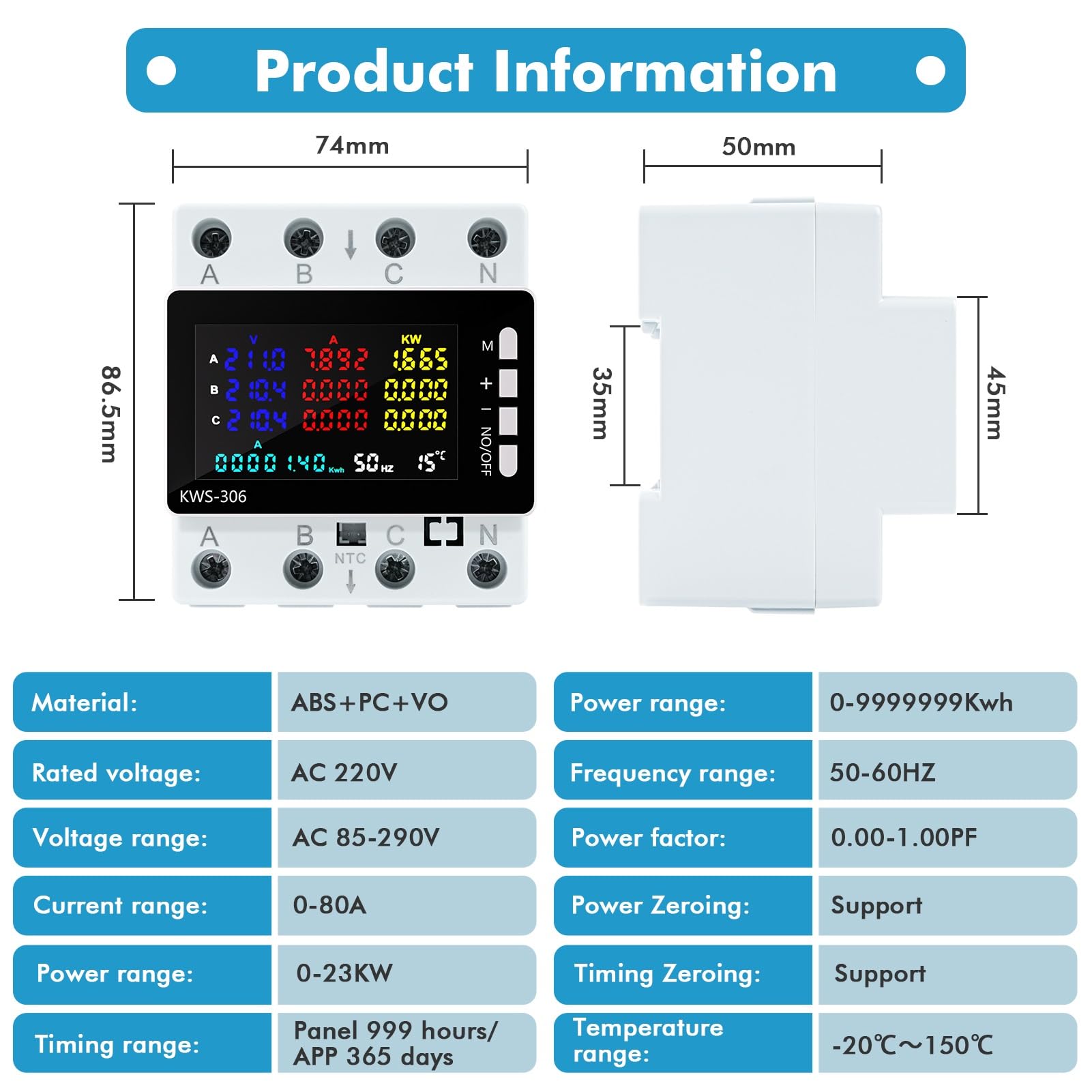 Medidor de Energía Trifásico 4 Hilos DIN Rail Voltímetro kWh 80A CA 85-290V | Contador Consumo Eléctrico Protección contra Sobretensión Subtensión y Sobrecorriente con Sonda de Temperatura