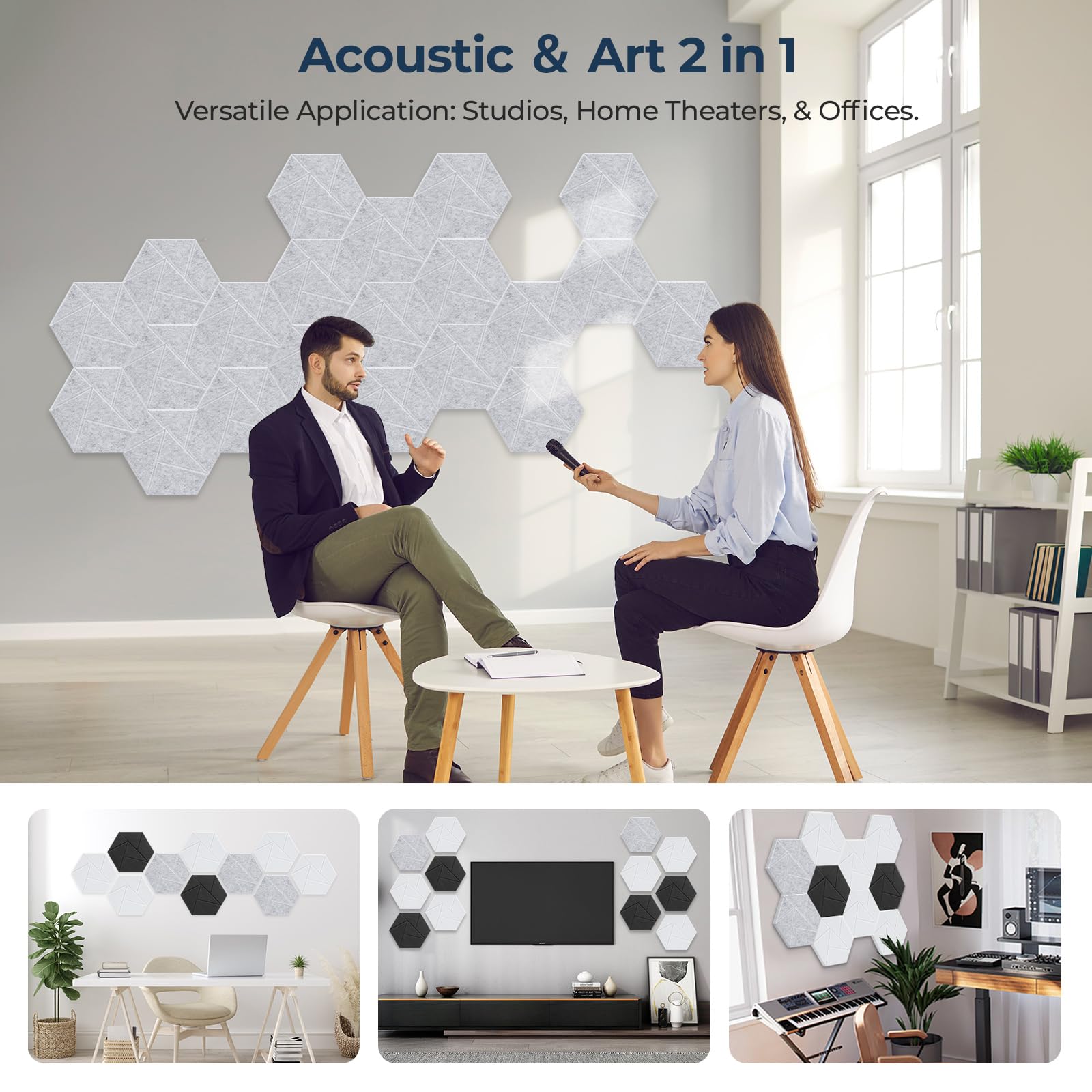 Paquete de 12 paneles acústicos hexagonales – Paneles de pared insonorizados de alta densidad, paneles de pared acústicos autoadhesivos de 12 x 10 x 0.4 pulgadas para el hogar, estudio, oficina