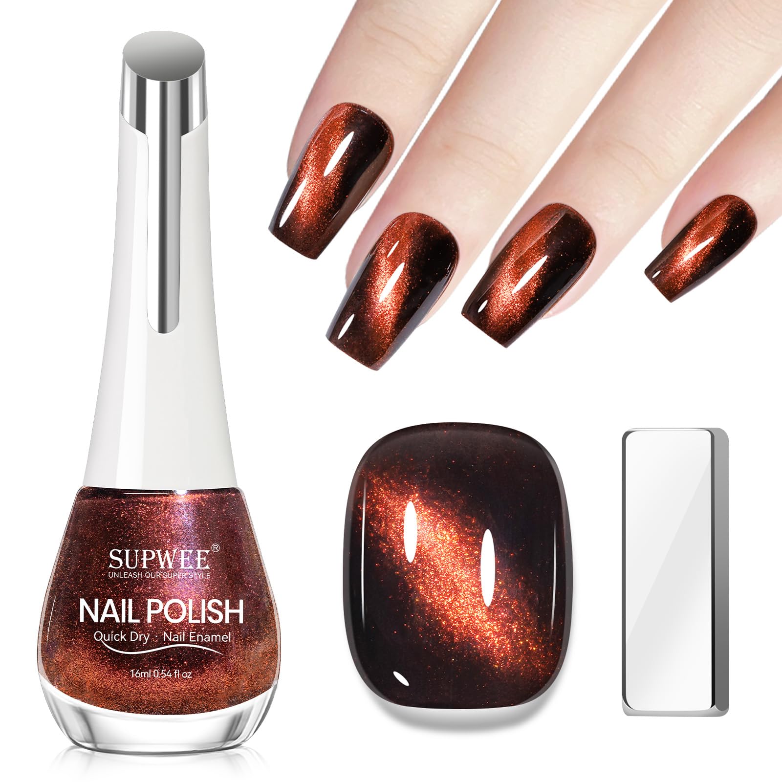 SUPWEE Magnet Nagellack Schnelltrocknend, 16ML Quick Drying Cat Eye Nail Polish Rot mit Magnet Schimmernd Magnetischer Nagellack Ohne UV Oil Based Glitzernagellack Manicure DIY Salon