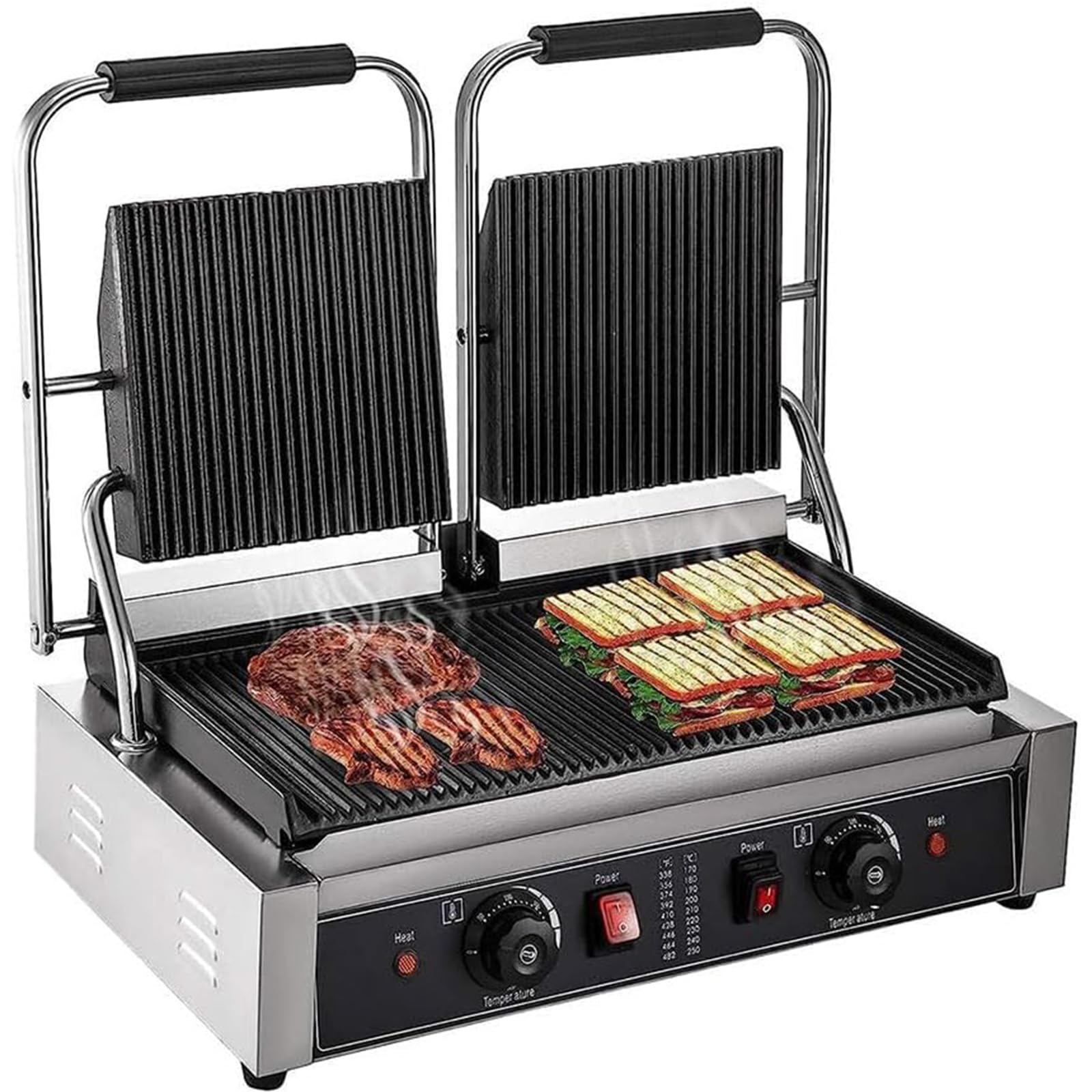 Prensa Comercial para Parrilla Panini, 2 Placas Dobles De 1800 W, Sandwichera Eléctrica De Acero Inoxidable, Control De Temperatura 50-300°C, Superficie Antiadherente
