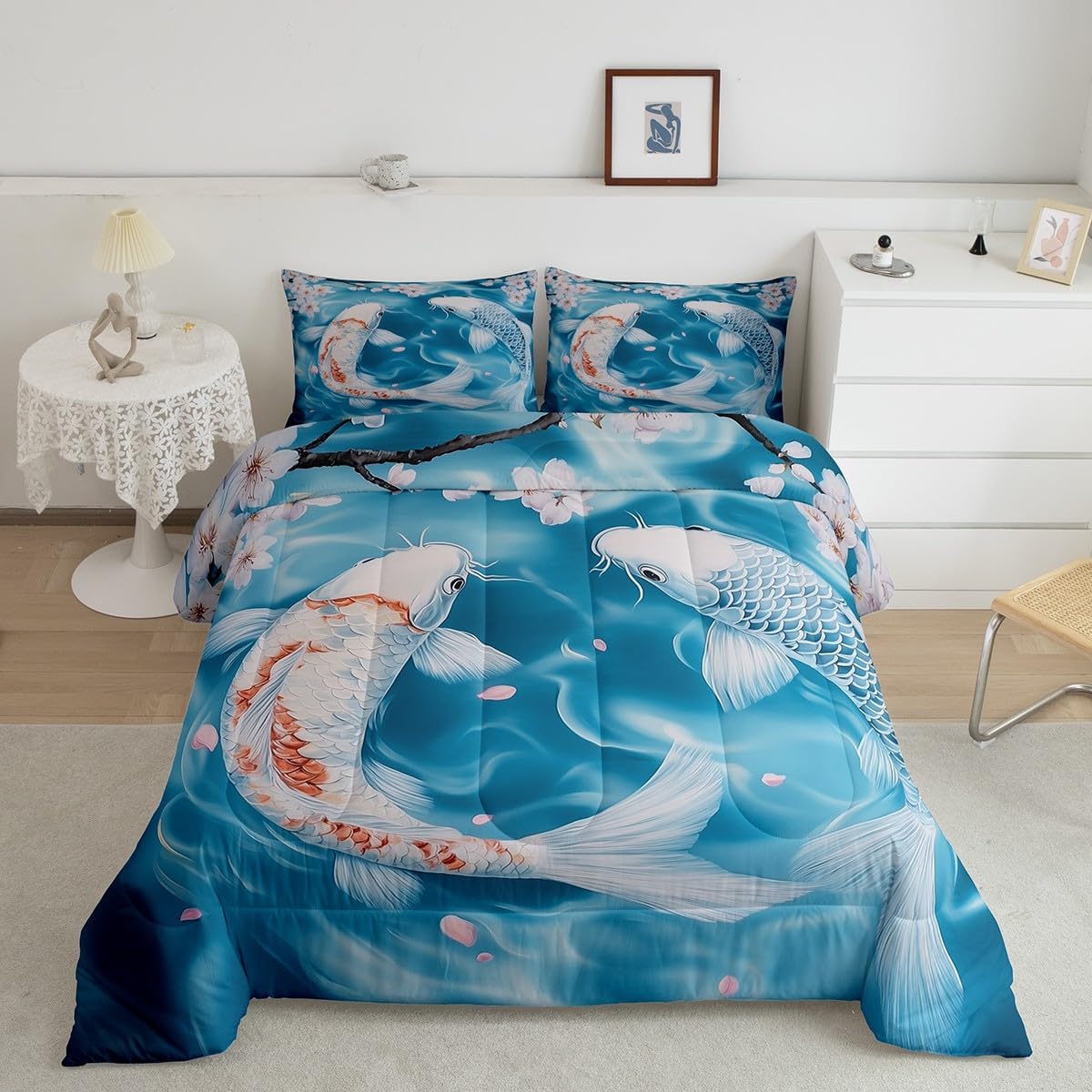 Manfei Japanese Koi Fish Queen Bedding Set for Kids Adults,Gold Red Carp Comforter Set Bed Set,Boys Girls Japanese Style 3 Pieces Quilt Set,Farmhouse Style Duvet Insert,2 Pillow Cases