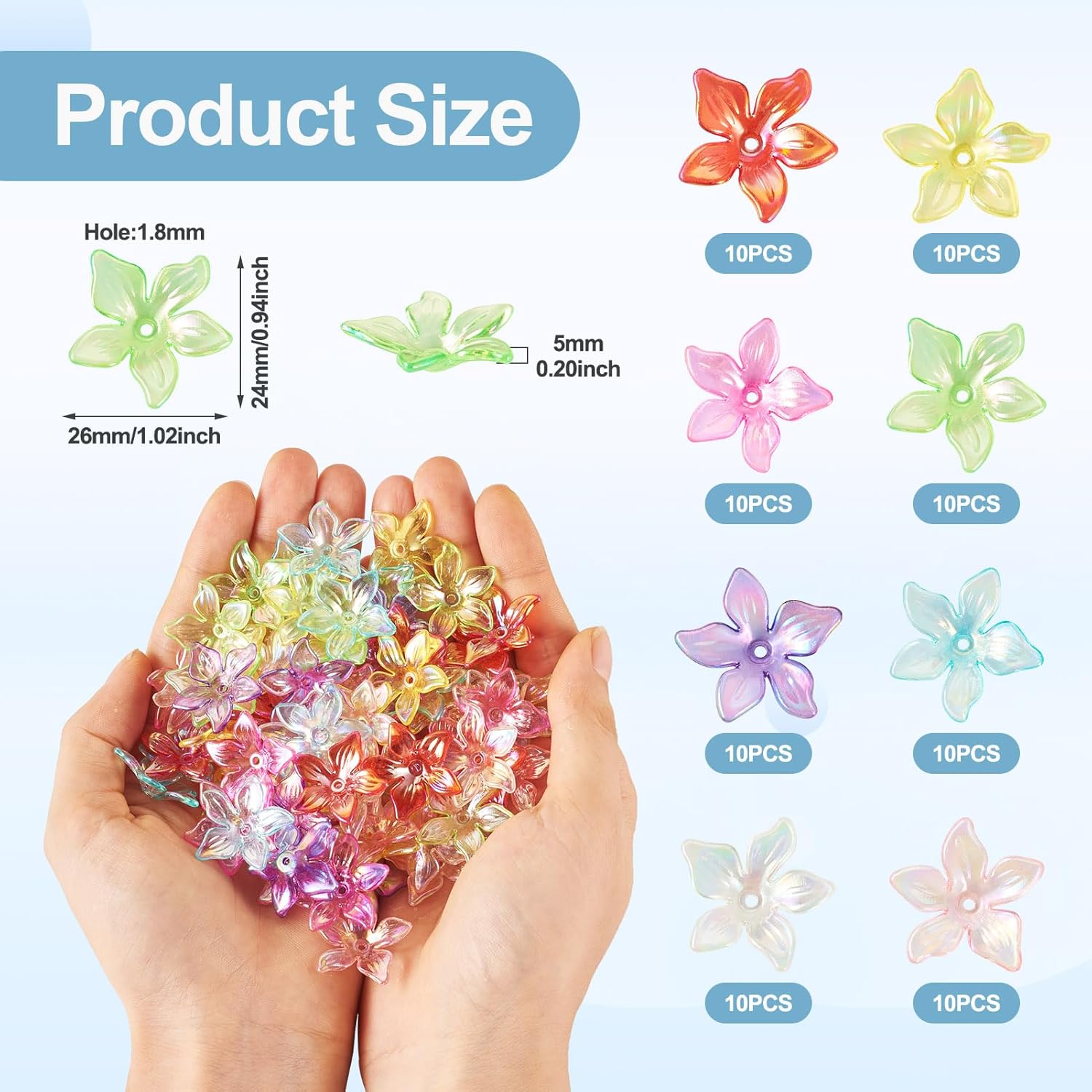 Craftdady 80Pcs Acrylic Flower Bead Caps Colorful 5-Petal Lily Flower Bead End Caps Spacer Charm Cute Plastic Large Floral Loose Craft Beads 24x26mm for DIY Earring Bracelet Necklace Jewelry Making - Image 2