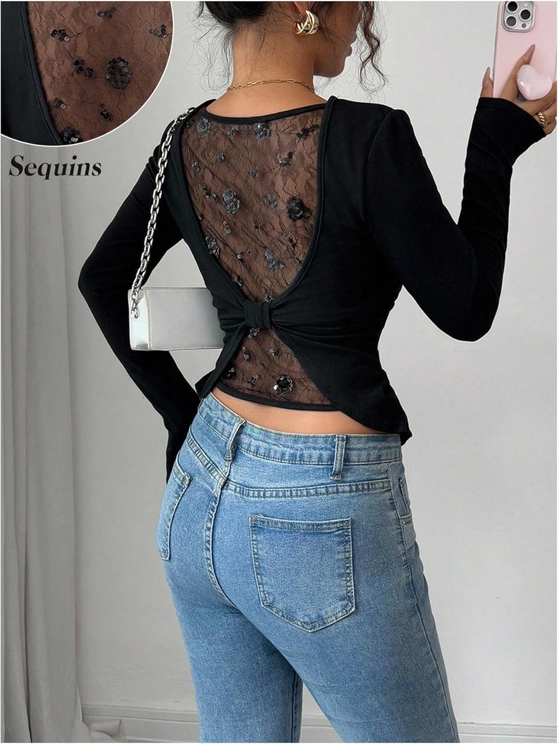 SweatyRocks Women's Lace Long Sleeve Tops Mesh Scoop Neck Going Out Tee Shirts - Image 2