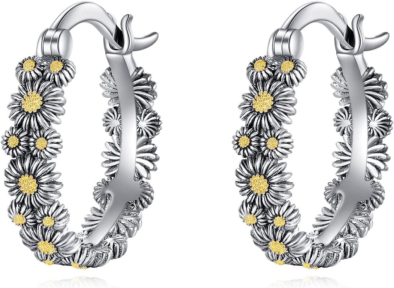 POPLYKE Sterling Silver Flower Hoops Earrings Small Huggie Earrings Jewelry Gift for Women