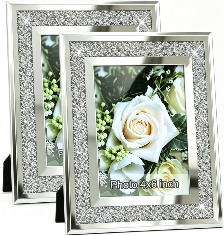 ALLARTONLY Crush Diamond Mirror Photo Frame In Bling Sparkle Crystal Silver Glass Finish, For Picture Size 4x6 inch, Pack of 2 Piece, table top Stand frame & Wall Frame