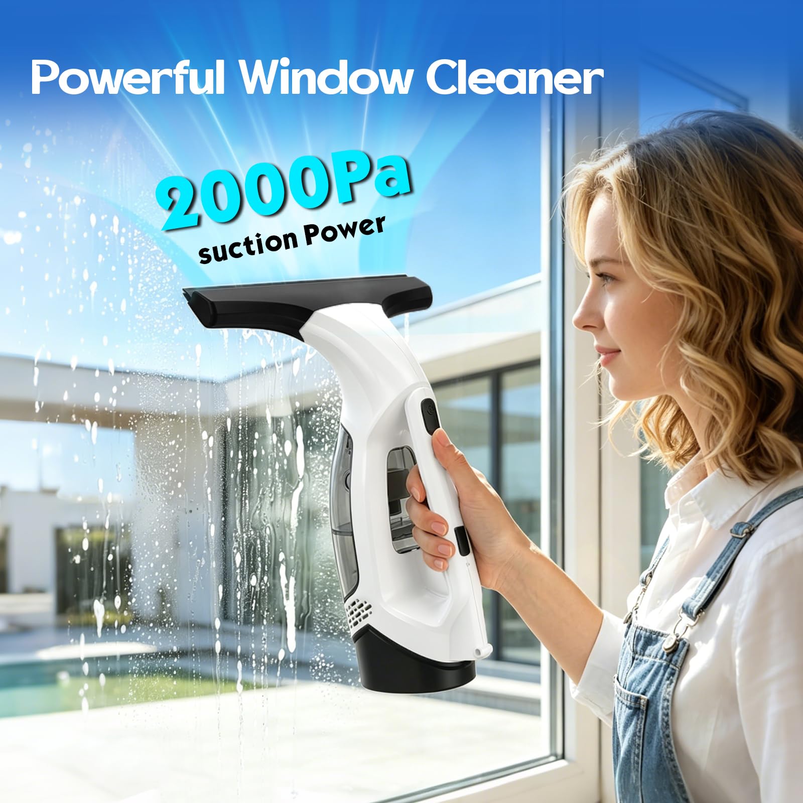 Akku Fenstersauger Set, 2000Pa Kabelloser Fensterreiniger Fensterputzer, 2200 mAh Window Elektrisch Wiederaufladbarer Fensterabzieher, 150ml Tank, für Fenstern, Duschtüren, Spiegeln, Fliesen