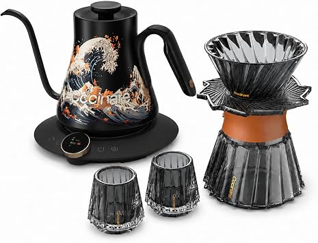 Cocinare Wave Gooseneck Electric Kettle & Pour Over Coffee Set, 0.5F Temperature Control, 1500W 0.9L Kettle, Coffee Dripper, 550 ml / 18.6 oz Server & 2 Tasting Cups