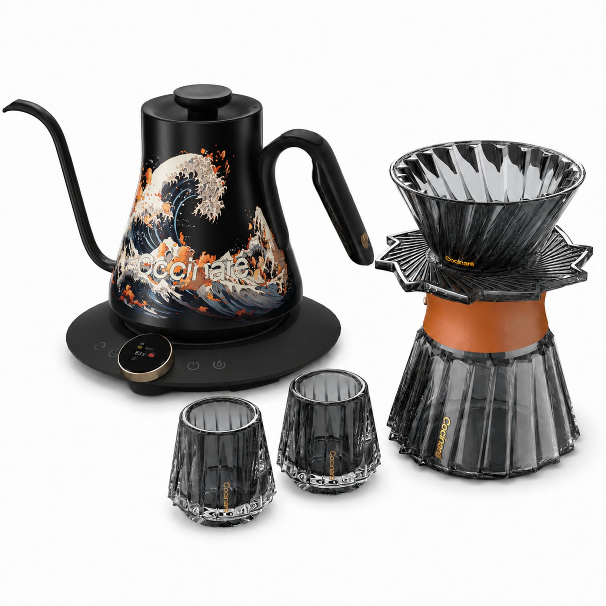 Cocinare Wave Gooseneck Electric Kettle &amp; Pour Over Coffee Set, ±0.5°F Temperature Control, 1500W 0.9L Kettle, Coffee Dripper, 550 ml / 18.6 oz Server &amp; 2 Tasting Cups