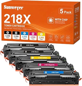 sunweyer 218X Toner Cartridges 5 Pack Compatible for HP 218X 218A 3301fdw | Compatible with HP 218X Toner Cartridges 4 Pack 218A 218 for Color LaserJet Pro MFP 3301fdw 3301cdw 3301sdw 3201dw Printer