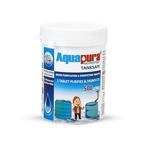 Aquapura Chlorine Water Purification Tablets | Each Tablet for 500 Liters, 50 Tablets Pack | (25000 Liters Water Purification) | 3 Years Warranty, Chlorine Tablets for Overhead & Undergorund Tanks