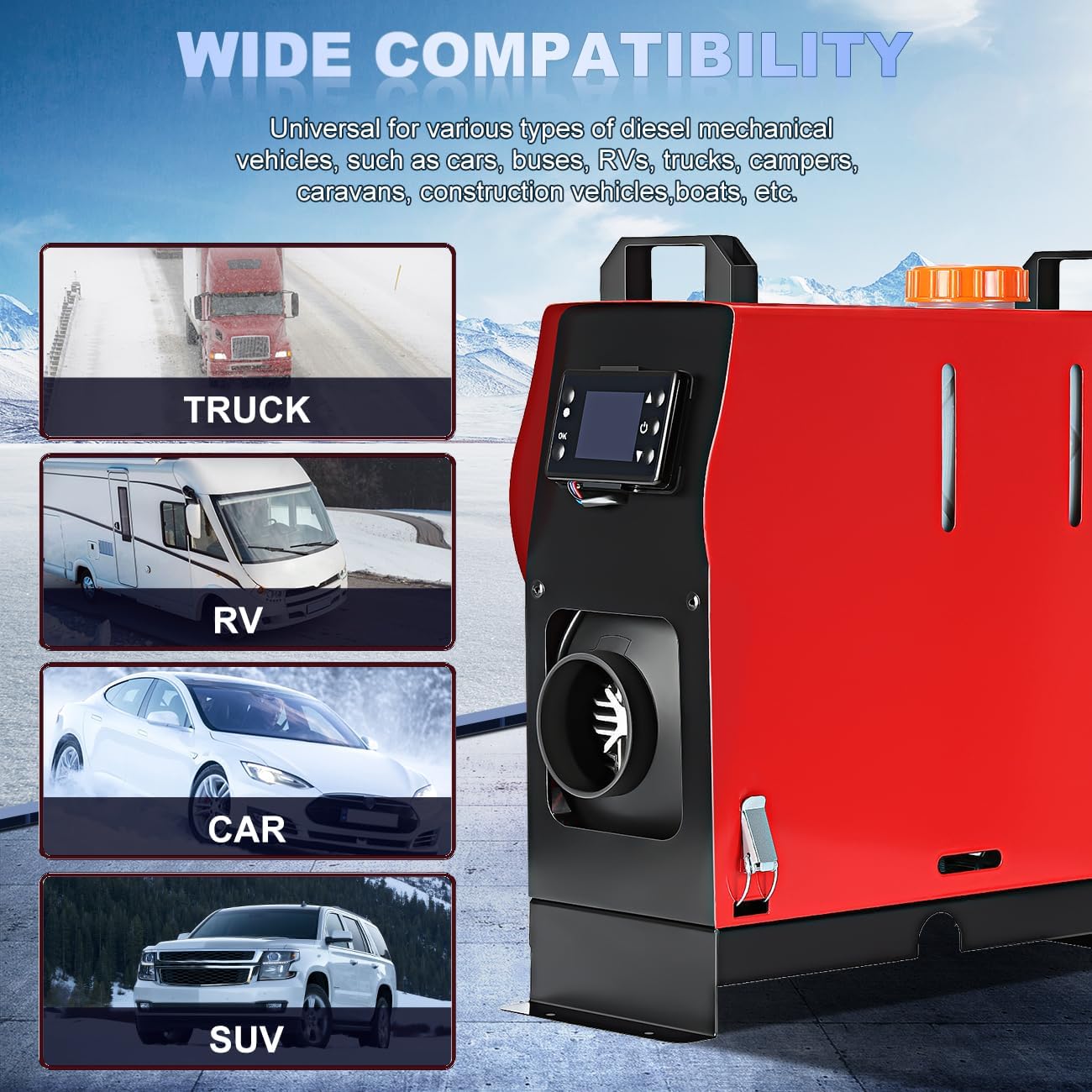 Diagram showing wide compatibility of the diesel heater with various vehicles
