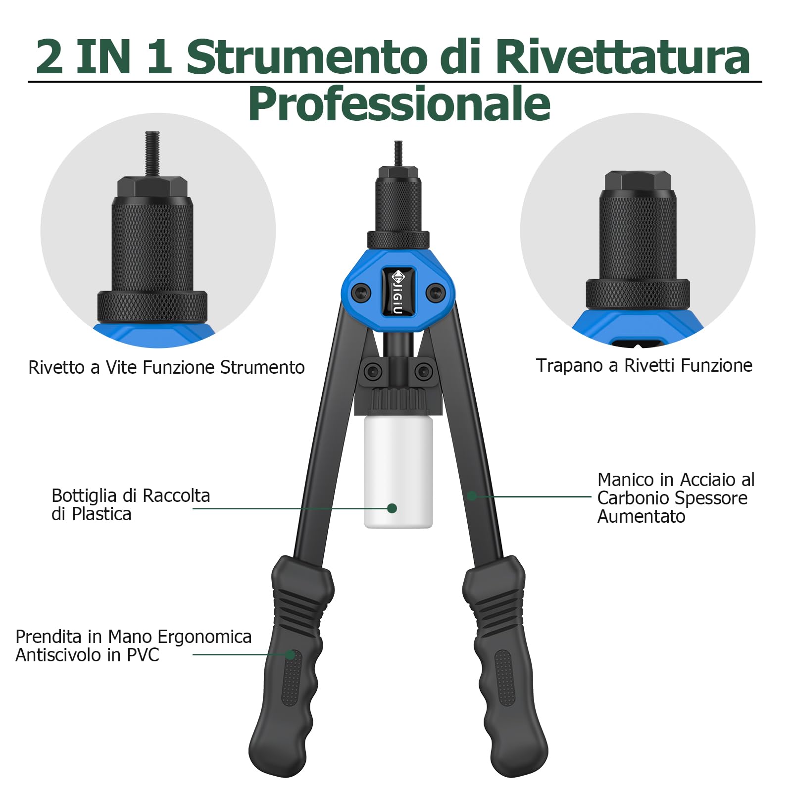 JiGiU Rivettatrice Professionale 2 in 1 per Inserti Filettati-7pz Mandrini Metrici 110 Dadi 5 Diverse Misure Doppio Manico di Rivettatrici-50 pz Rivetti per Lavori Edili-Nero Blu
