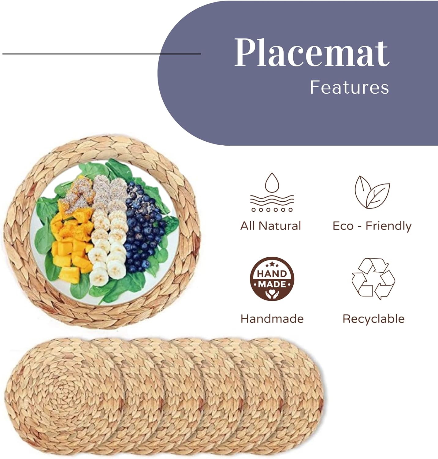 Mi Casa Designs - Woven Placemats Set of 6, Placemats Set of 6,Round Placemats, Rattan Placemats, Boho Placemats, Farmhouse Placemats, Mexican Placemats, Woven Placemats Round (13.8 in)