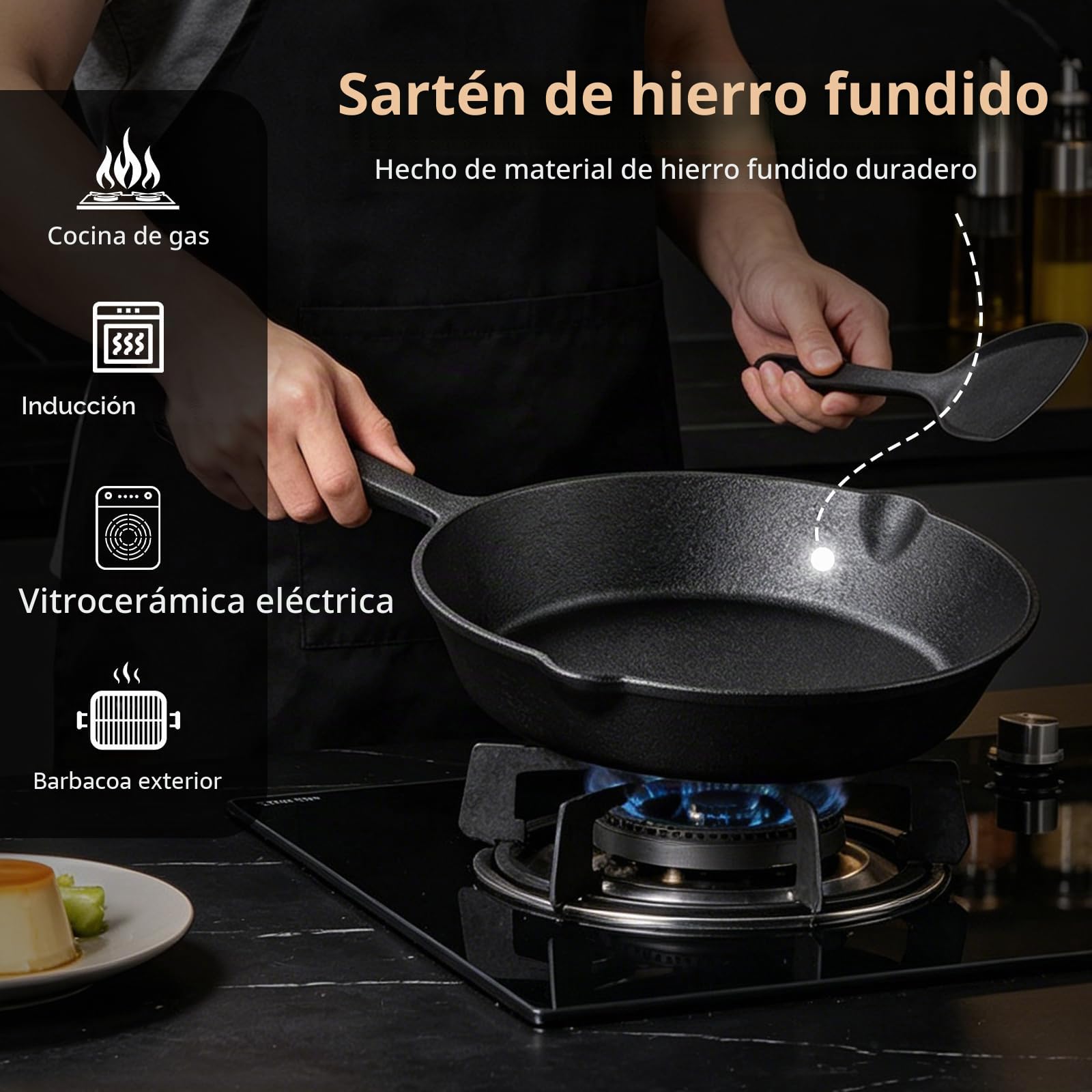 Juego de 3 sartenes de hierro fundido aptas para cocinas de gas, eléctricas y de inducción. Incluye: pequeña (6 pulgadas), mediana (8 pulgadas) y grande (10 pulgadas)