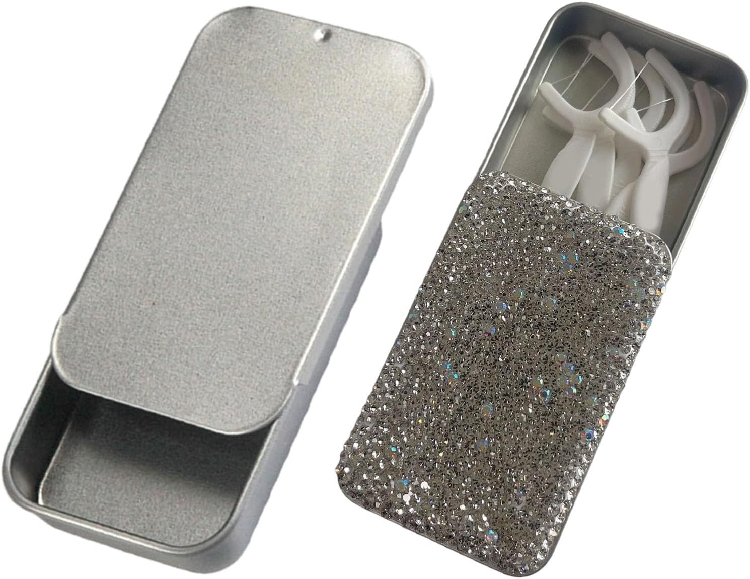 Stylish Diamonds Studded Iron Floss Case Smooth Sliding Cover Hygienic Storage for Handbags and Pockets Stone Slide Floss Thread Box