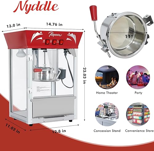 Miniatura 3 de Máquina para hacer palomitas de maíz, caldera de 12 onzas de acero inoxidable, máquina comercial de palomitas de maíz con vidrio templado, Rojo