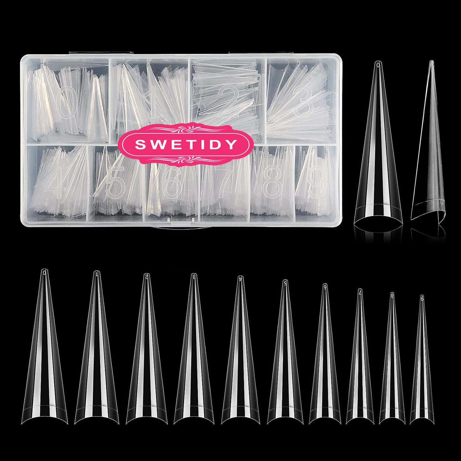Stiletto Nail Tips, XL Half Cover Clear Stiletto Shape Tips