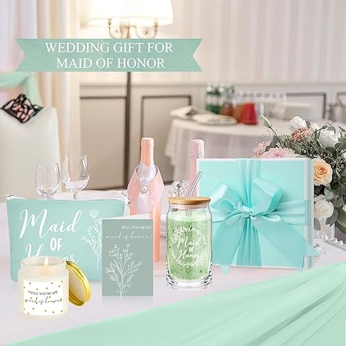 Miniatura 6 de Inbagi Juego de 5 cajas de regalo de dama de honor, incluye taza de vidrio con tapa y pajita, bolsa de maquillaje, vela perfumada de salvia,