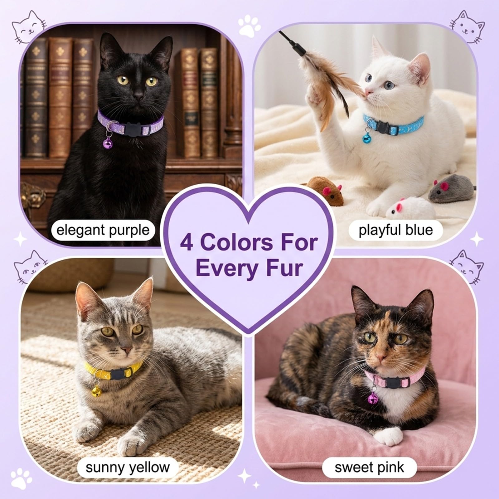 4 Pezzi Collare Gatto Antistrozzo con Campanellino e Fibbia di Sicurezza Regolabile Collare per Gatti e Gattini con Motivo a Cartone Animato Collarino Gatto Set