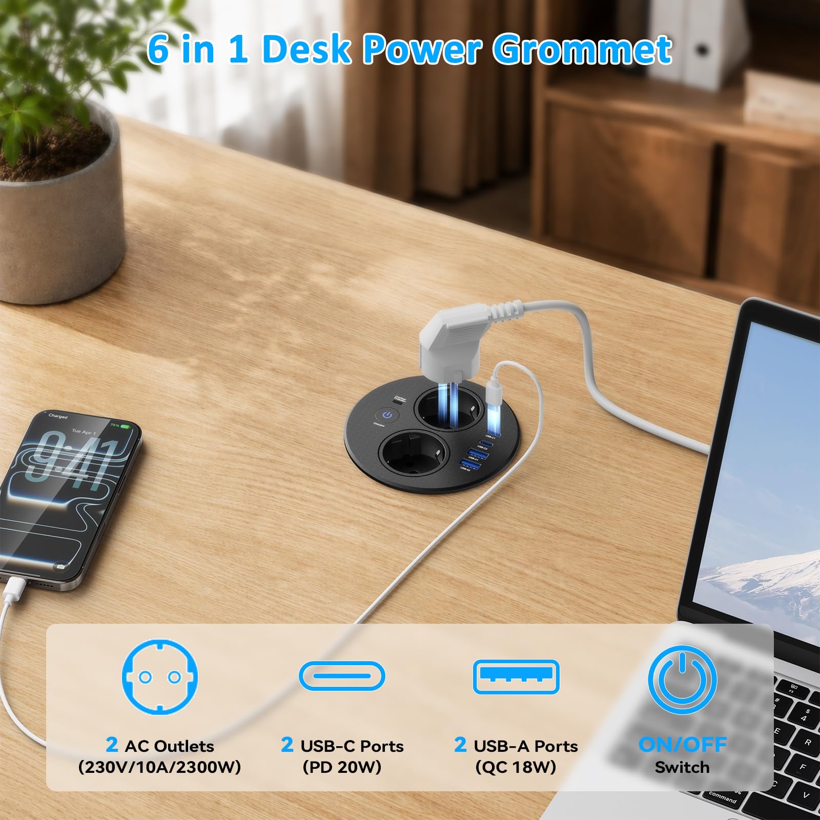 Alpheus Einbausteckdose mit Schalter, 2 Schuko, USB-C PD 20W, Ø100 mm | Einbau Steckdosenleiste, Tischsteckdose mit 4 USB, Arbeitsplatte Schreibtisch, Schwarz, 1,8 m Kabel