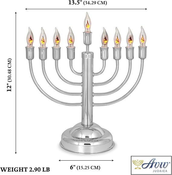 12 Quality Chanukah Menorah Round Base Highly Polished Chrome Plated Electric Menorah with Flickering Bulbs Candles for Chanukah Hanukkah Lights Menorah Chanukkah Decorations