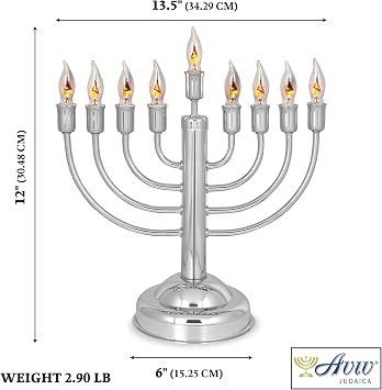 12 Quality Chanukah Menorah Round Base Highly Polished Chrome Plated Electric Menorah with Flickering Bulbs Candles for Chanukah Hanukkah Lights Menorah Chanukkah Decorations