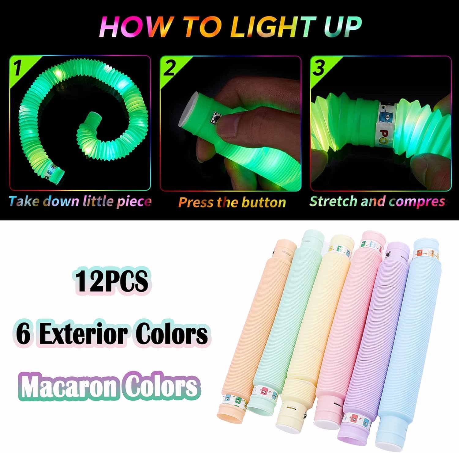 Xrten 12pcs Light Up Pop Tubes, Colorful Tubes, Led Pop Glow Sticks Toys Party Supplies Party Bag Fillers For Kids Gifts Party Supplies - Image 3