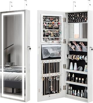GOFLAME LED Mirror Jewelry Cabinet 47, Wall/Door Mounted Full Length Mirror with Storage, 3-Color Lights, Interior Makeup Mirror, Lockable Jewelry Storage Organizer, Jewelry Armoire, White
