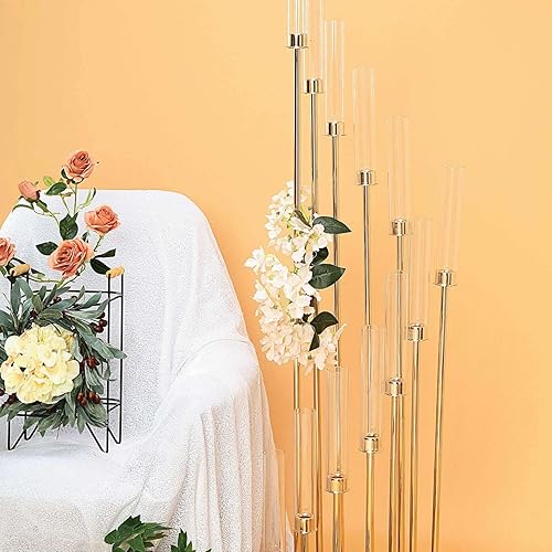 Miniatura 6 de Efavormart - Portavelas dorado de 12 brazos de 57 pulgadas con 12 tonos de cristal, arreglo de velas grandes