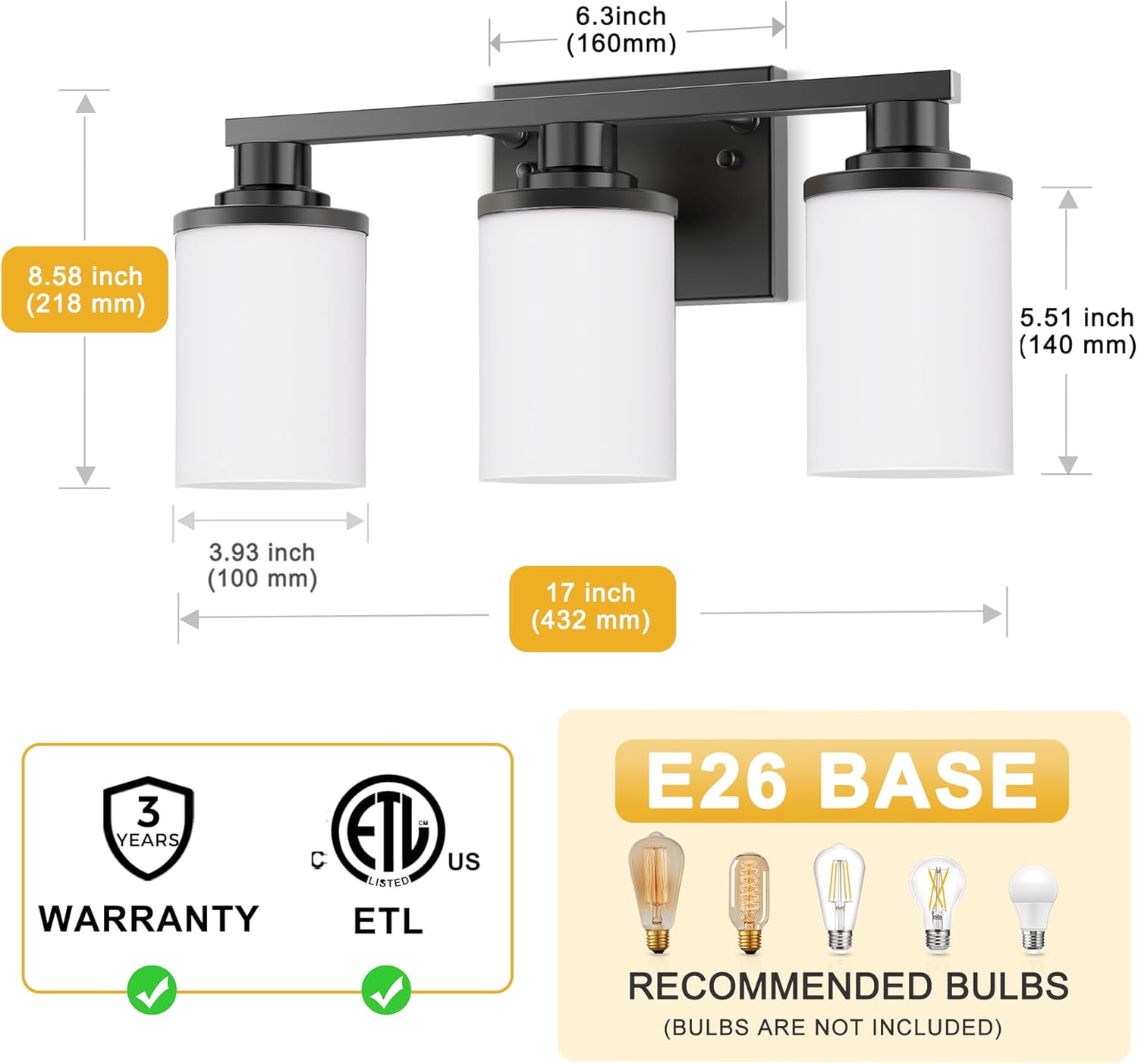 L LOHAS LED Black Bathroom Light Fixtures, 3-Light Vanity Light Over Mirror, Wall Sconces with Milky White Frosted Glass Shades, ETL Listed