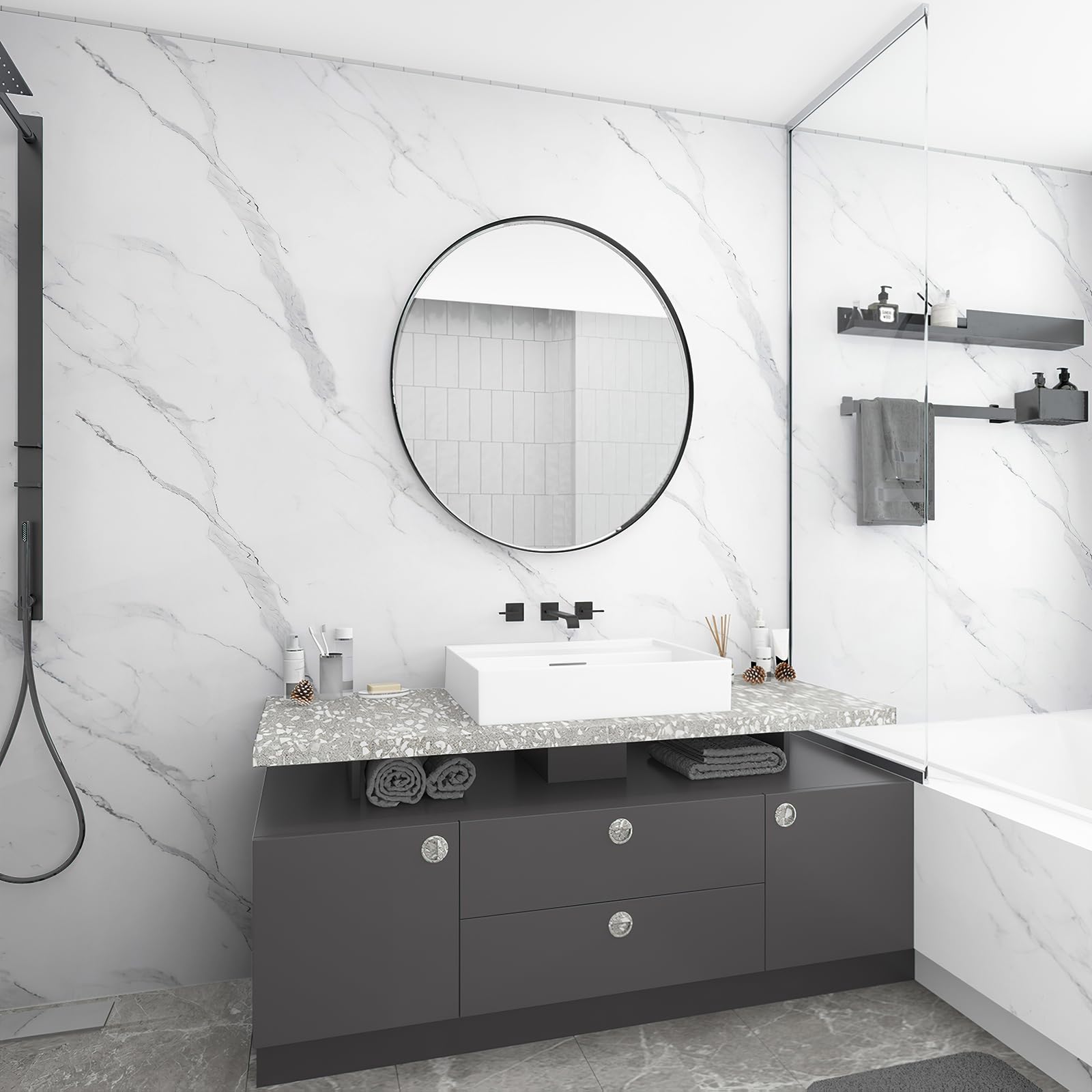 JSEVEM 60CM×5M Wide White Grey Pattern Marble Wallpaper Peel and Stick Vinyl Wrap Waterproof Gray Granite Contact Paper Sticky Back Plastic Roll Wall Stickers for Countertop Worktop Bedroom - Image 4