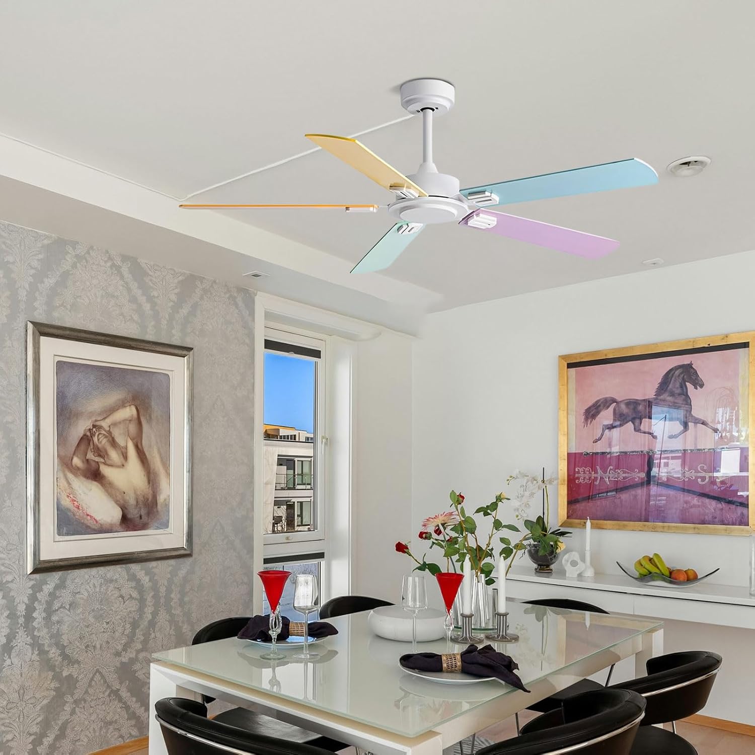 Modern Ceiling Fan Without Lights Remote Quiet Ceiling Fan Colorful ABS Blades, 6 Speeds Ceiling Fan No Light for Children's Bedroom Living Room Indoor