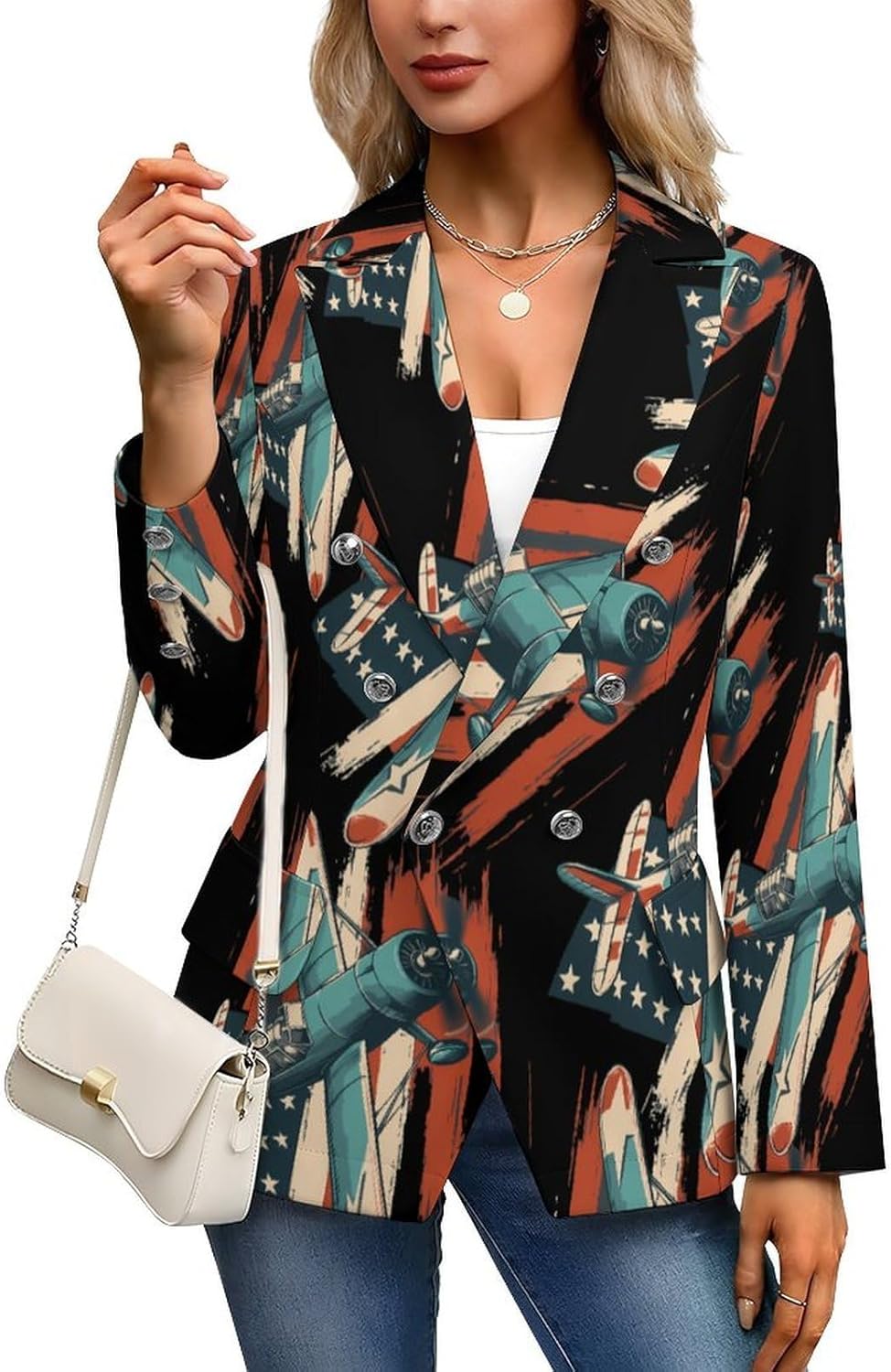 Vintage Airplane US Flag Women's Blazer Long Sleeve Suits Business Casual Blazers Jackets Lapel Open Front Suit