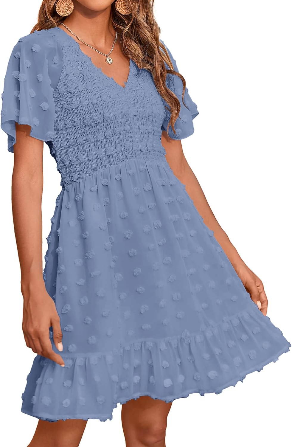 BTFBM Womens Beach Vacation Dress Summer 2025 V Neck Short Sleeve Smocked Swiss Dot Cute Ruffle Casual Fall Mini Dresses