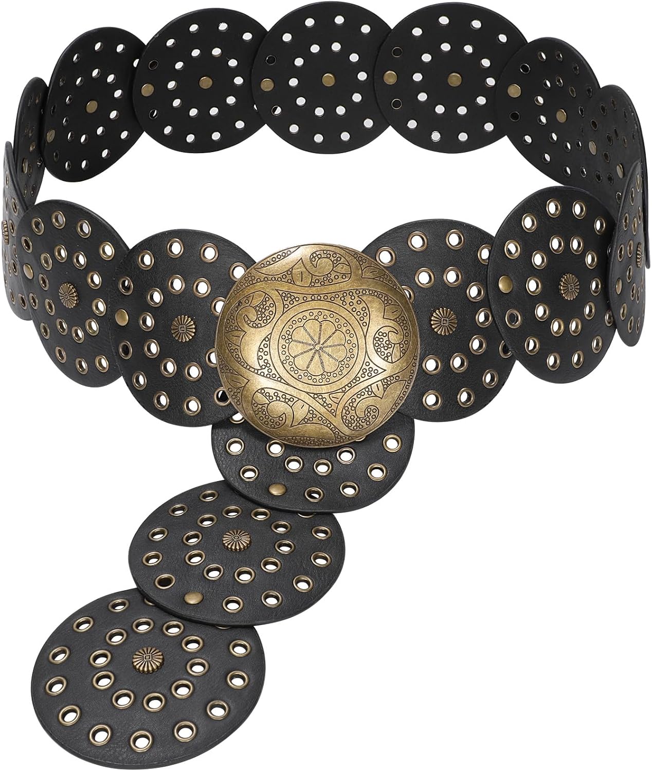 JASGOOD Western Belts for Women Wide Hollow Disc Leather Belt Cowgirl Waist Belt for Jeans Dresses with Metal Buckle