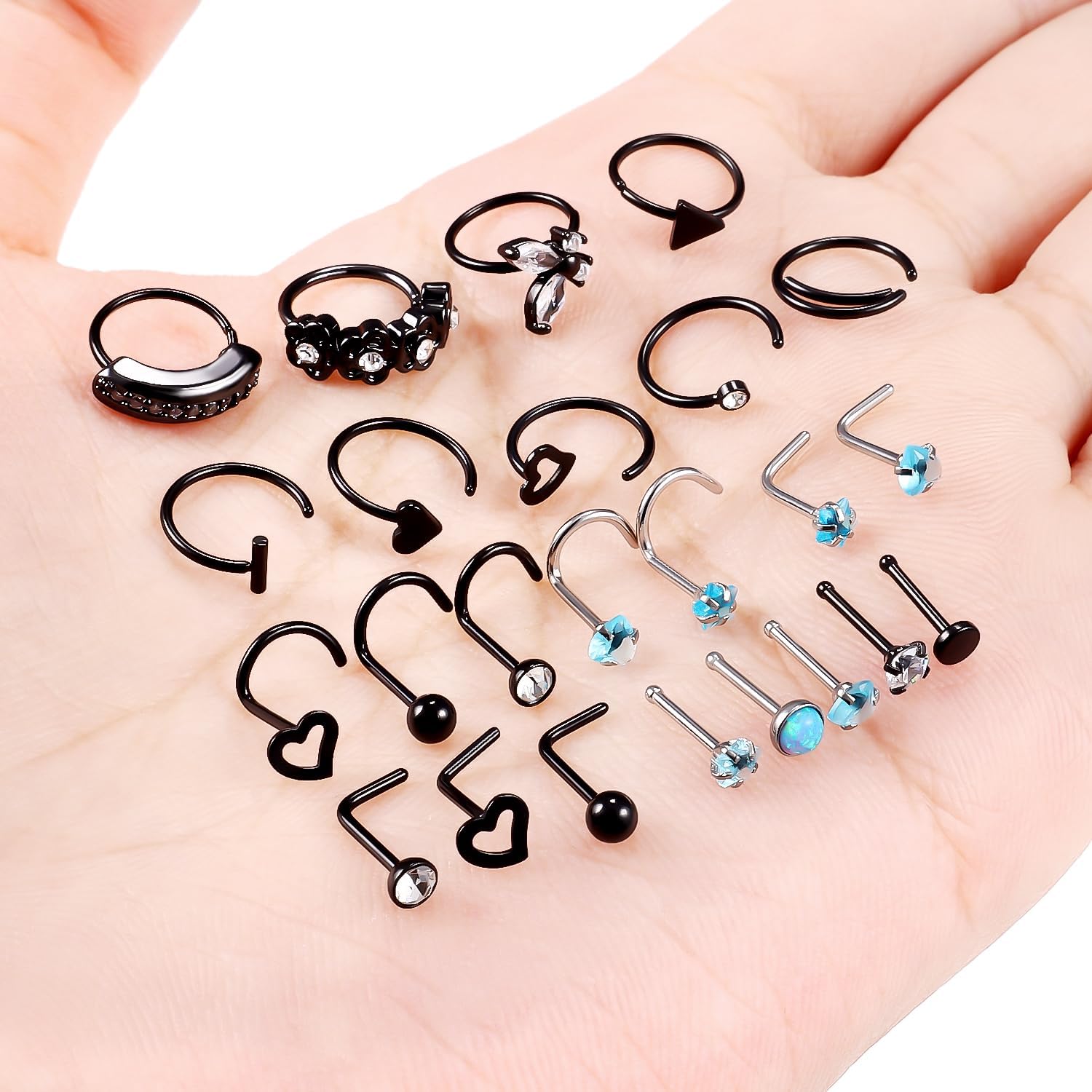 20g Nose Rings Studs Hoops Piercings Jewelry Hypoallergenic Multicolor Surgical Steel for Women Men