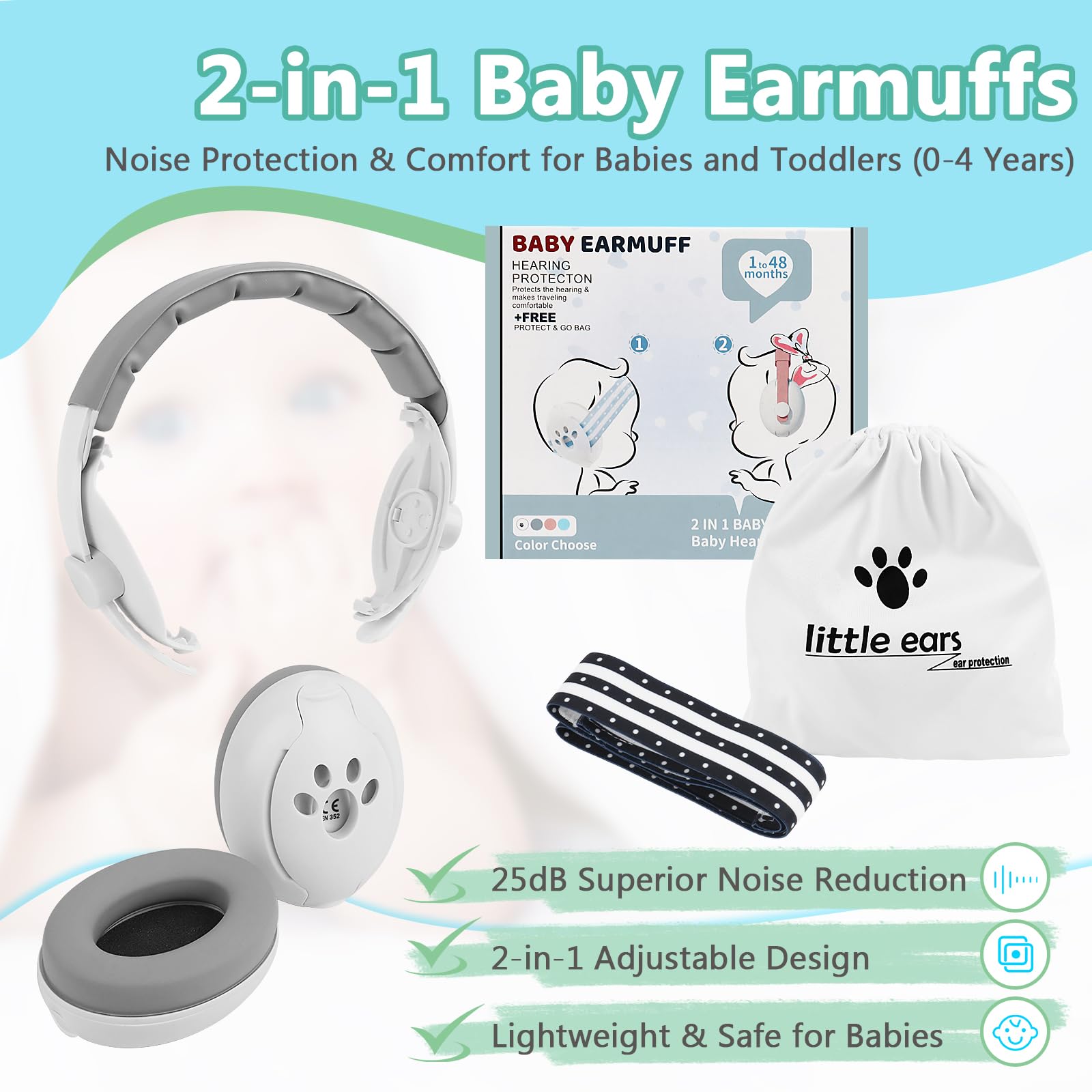 Cuffie Neonato Antirumore 2-in-1 per Protezione dal rumore (0-4 anni), Cuffie Antirumore Neonato Riduzione del Rumore 25dB, Fascia Regolabile e Guscio ABS Leggero,Cuffie per Neonati Antirumore