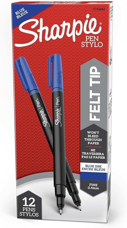Sharpie Felt Tip Pens, Fine Point (0.4mm), Blue, 12 Count