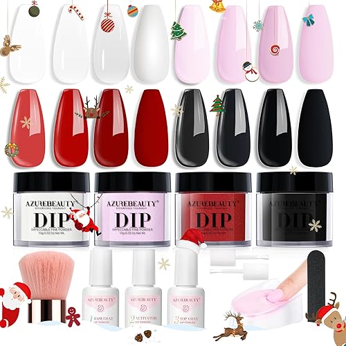 AZUREBEAUTY Dip Nails Powder Starter Kit, Christmas 4 Colors Pink Red Black Clear Dipping Powder System Liquid Set Recycling Tray with Base & Top Coat Activator Manicure Kit for Gift.