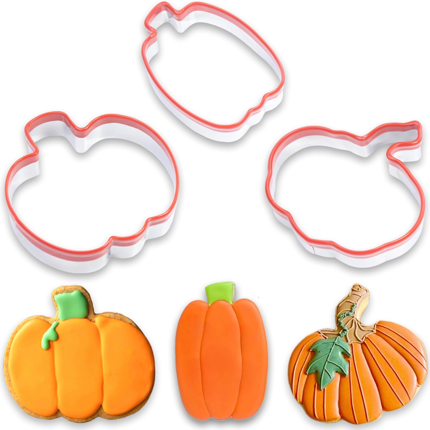 3Pcs Pumpkin Cookie Cutters Set, Includes Classic, Tall & Velvet Pumpkin Shapest, Halloween & Thanksgiving Biscuit Cutters, Coated with Soft Rubber for Protection