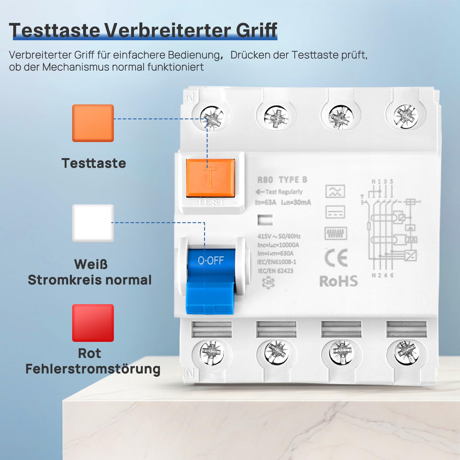 FI Schutzschalter,FI Typ B 40A/63A 4 Polig 30mA Allstromsensitiv RCD für Wallbox Ladestation Photovoltaik Wechselrichter DIN Hutschiene mit DC Fehlerschutz EN61008 (63A)