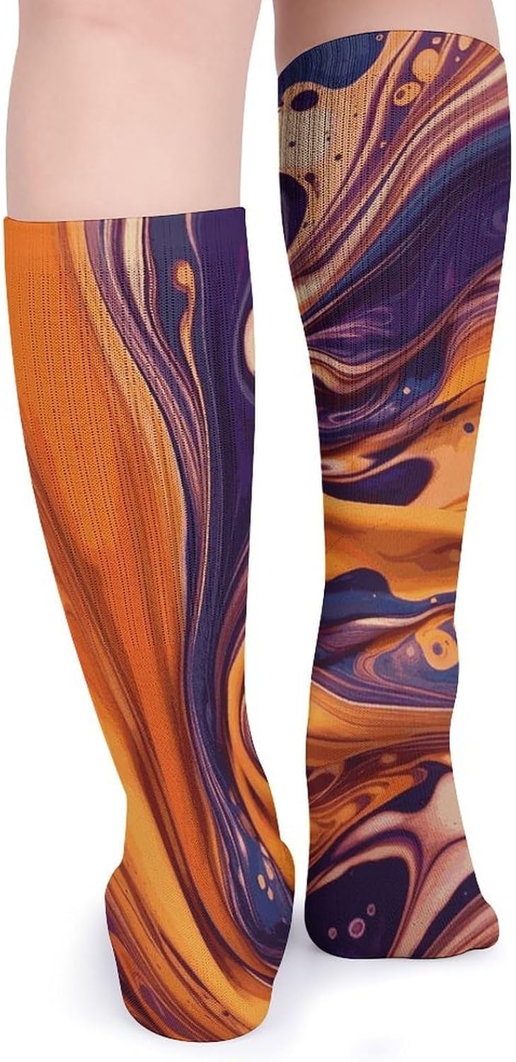 5-Pack Knee High Socks, 15.7 Inch Breathable Casual Socks Purple Tie Dye Fabric Stockings for Men Women