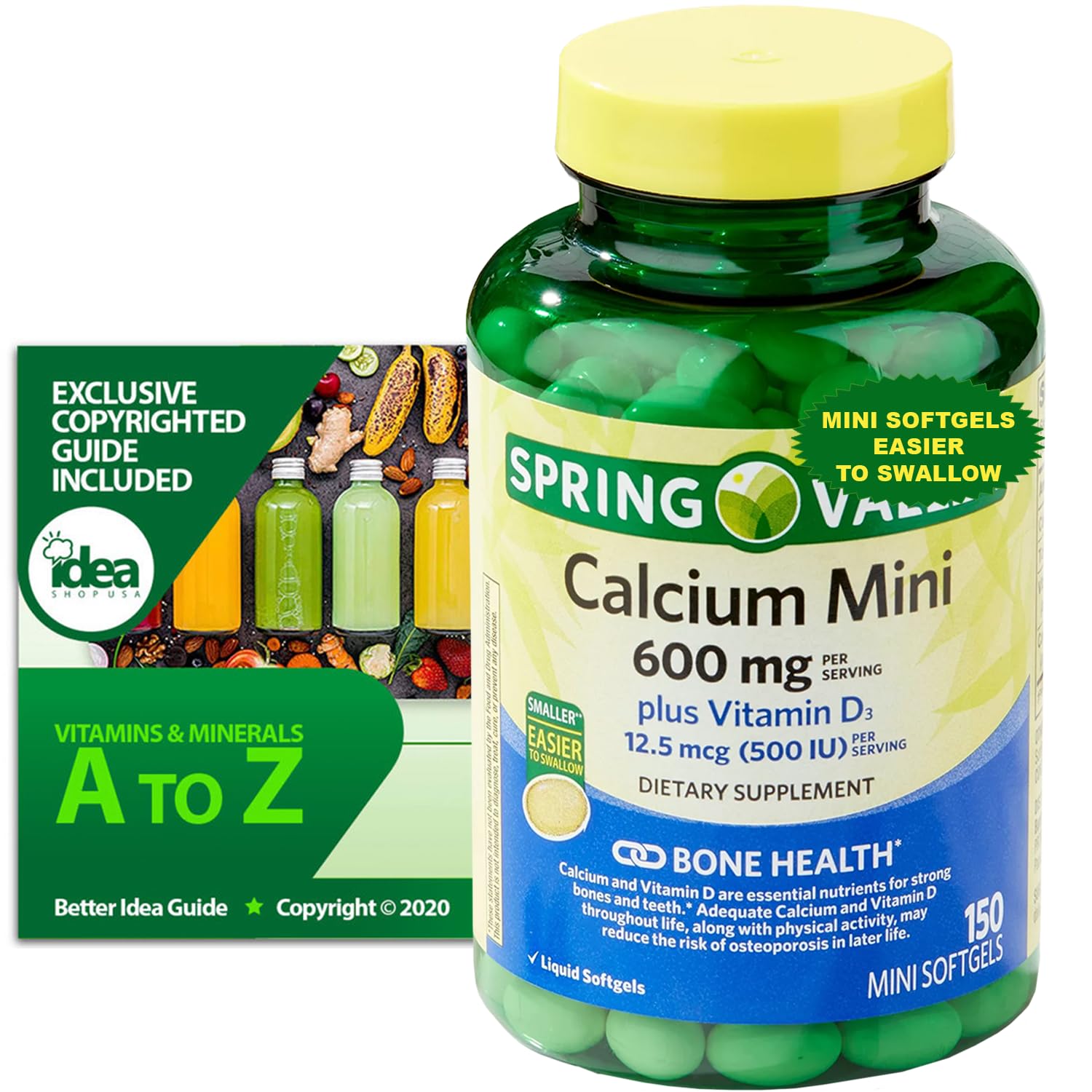 Cálcio 600mg com Vitamina D3 para Suporte aos Ossos e Dentes, 150 Mini Softgels – Fáceis de Engolir, Sem Glúten, Não-OGM – Pacote com Vitaminas & Minerais – Melhor Guia A a Z