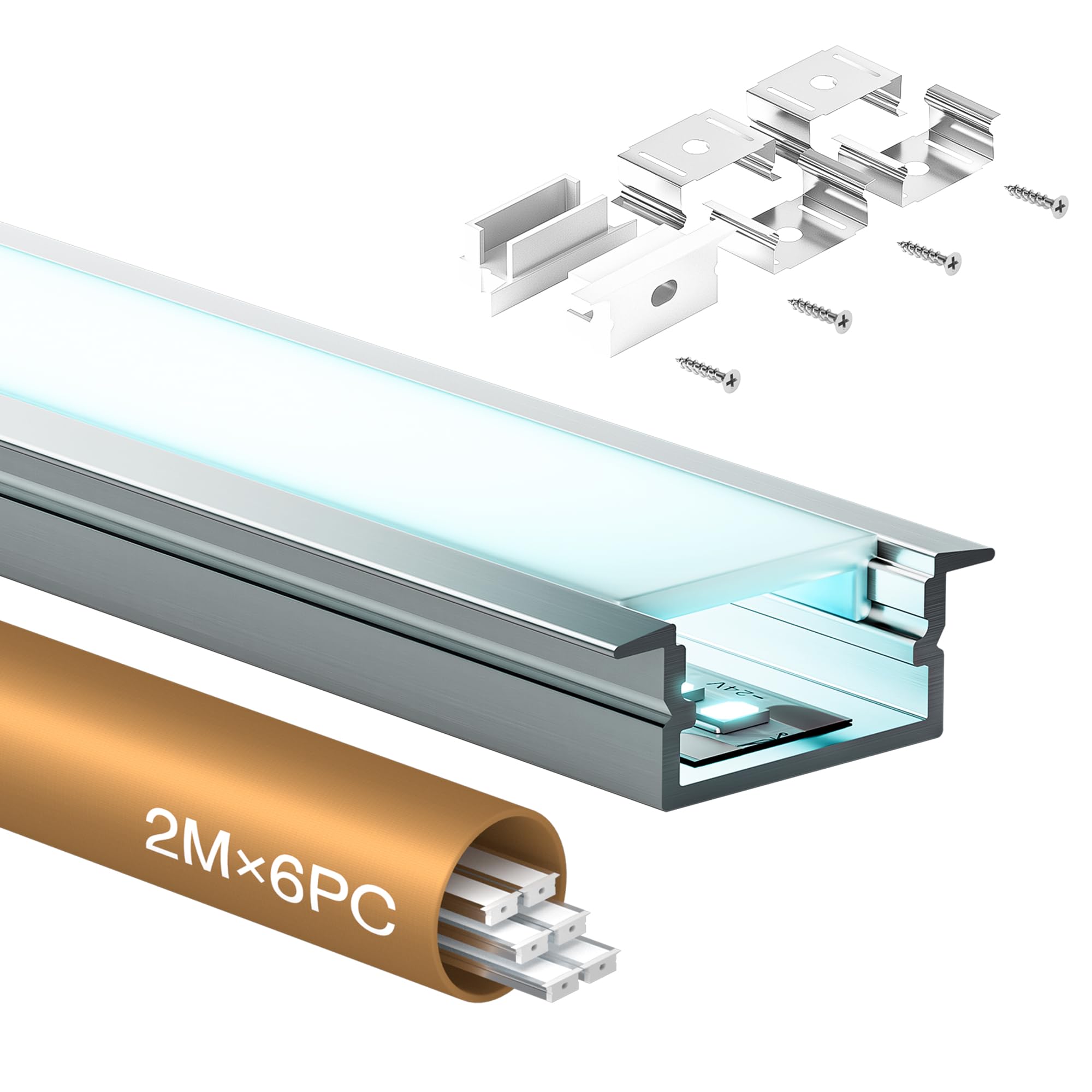 Shine Plus Perfil Aluminio Tira LED, 6 Pack 2m Perfil LED de Aluminio para Led Forma de U, Canal de aluminio Difusor led, con de interior, Tapas finales, Clips de Montaje (FS23, 6 Pack×2 Metros)