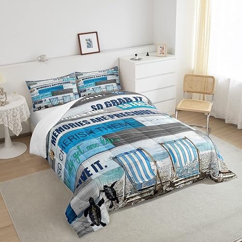 Miniatura 3 de Juego de edredón de verano y playa, tamaño Queen, juego de ropa de cama de tortuga marina y escena costera, edredón rústico de decoración de granja,
