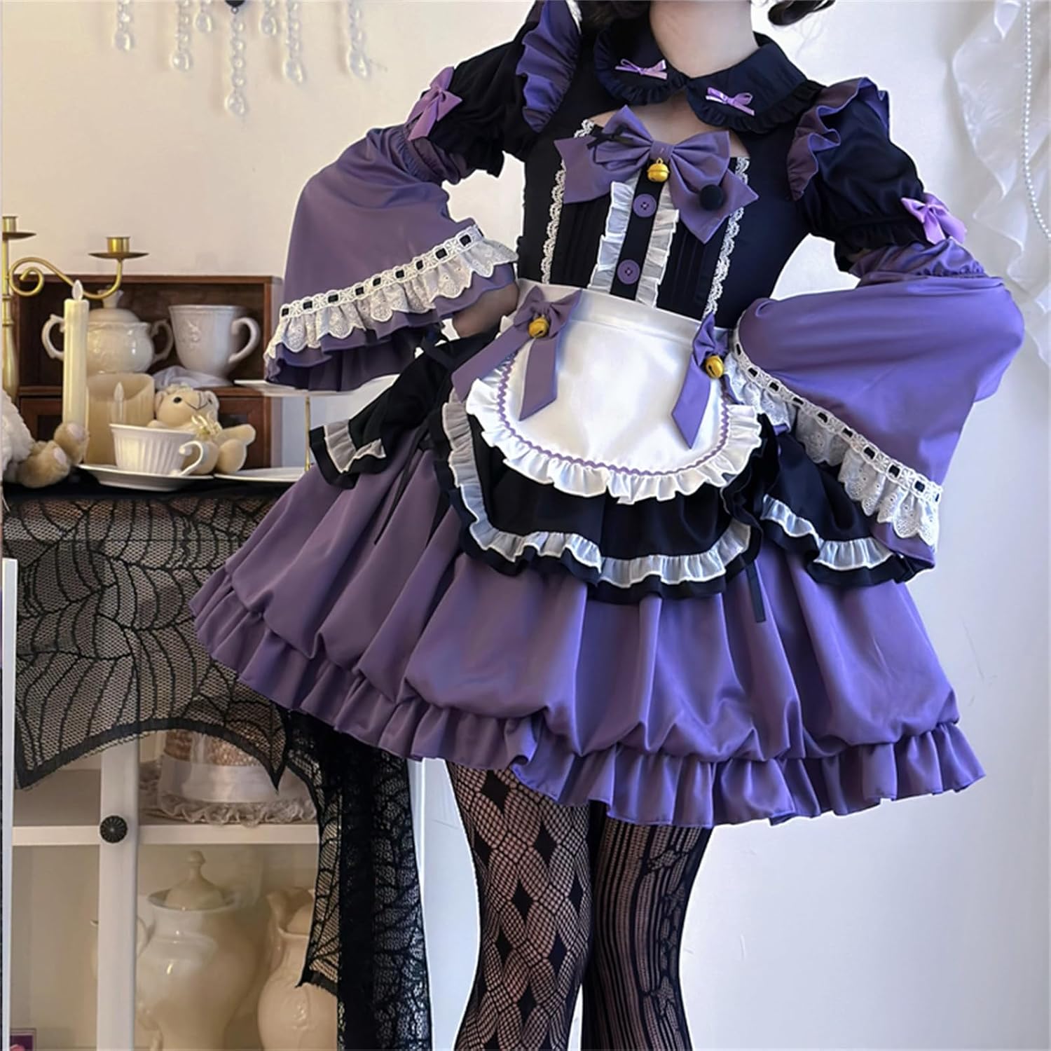 Teens Lolita Princess Dress Girls Kawaii Bow Decor Apron Maid Outfit Fancy Anime Party Cosplay Costume