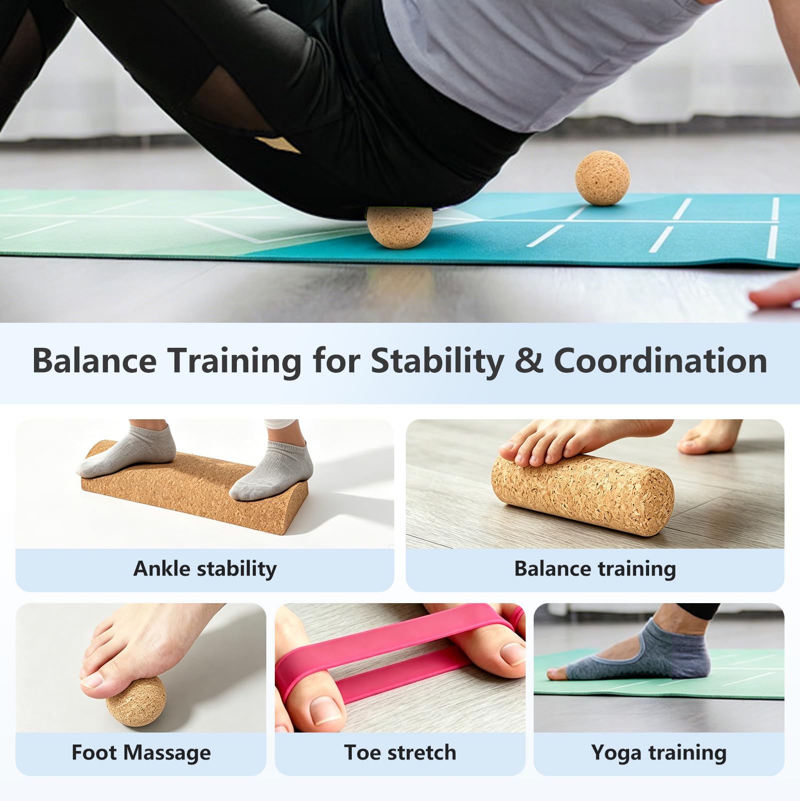 Cork Balance Training Set con Tappetino Yoga, Balance Board in Sughero | Blocchi di Equilibrio Rullo, Palla Massaggio e Fasce Stretch Dita, Kit Allenamento Piedi e Caviglia Antiscivolo per Stabilità